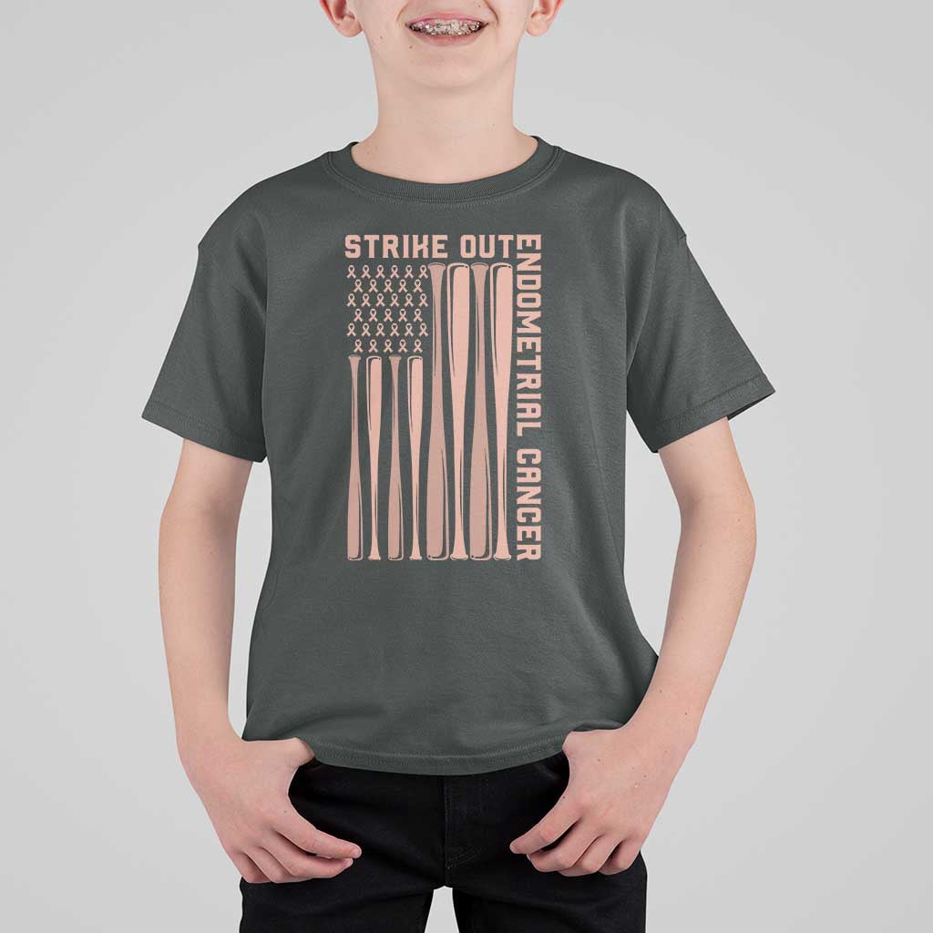 Strike Out Endometrial Cancer Baseball T Shirt For Kid Peach Ribbon American Flag Support Gift
