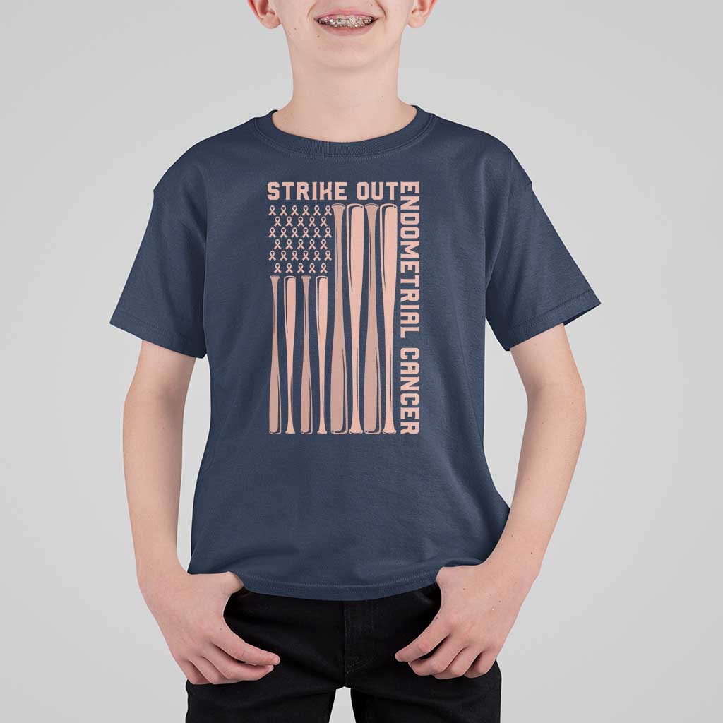 Strike Out Endometrial Cancer Baseball T Shirt For Kid Peach Ribbon American Flag Support Gift
