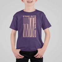 Strike Out Endometrial Cancer Baseball T Shirt For Kid Peach Ribbon American Flag Support Gift