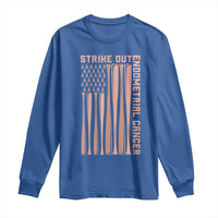 Strike Out Endometrial Cancer Baseball Long Sleeve Shirt Peach Ribbon American Flag Support Gift