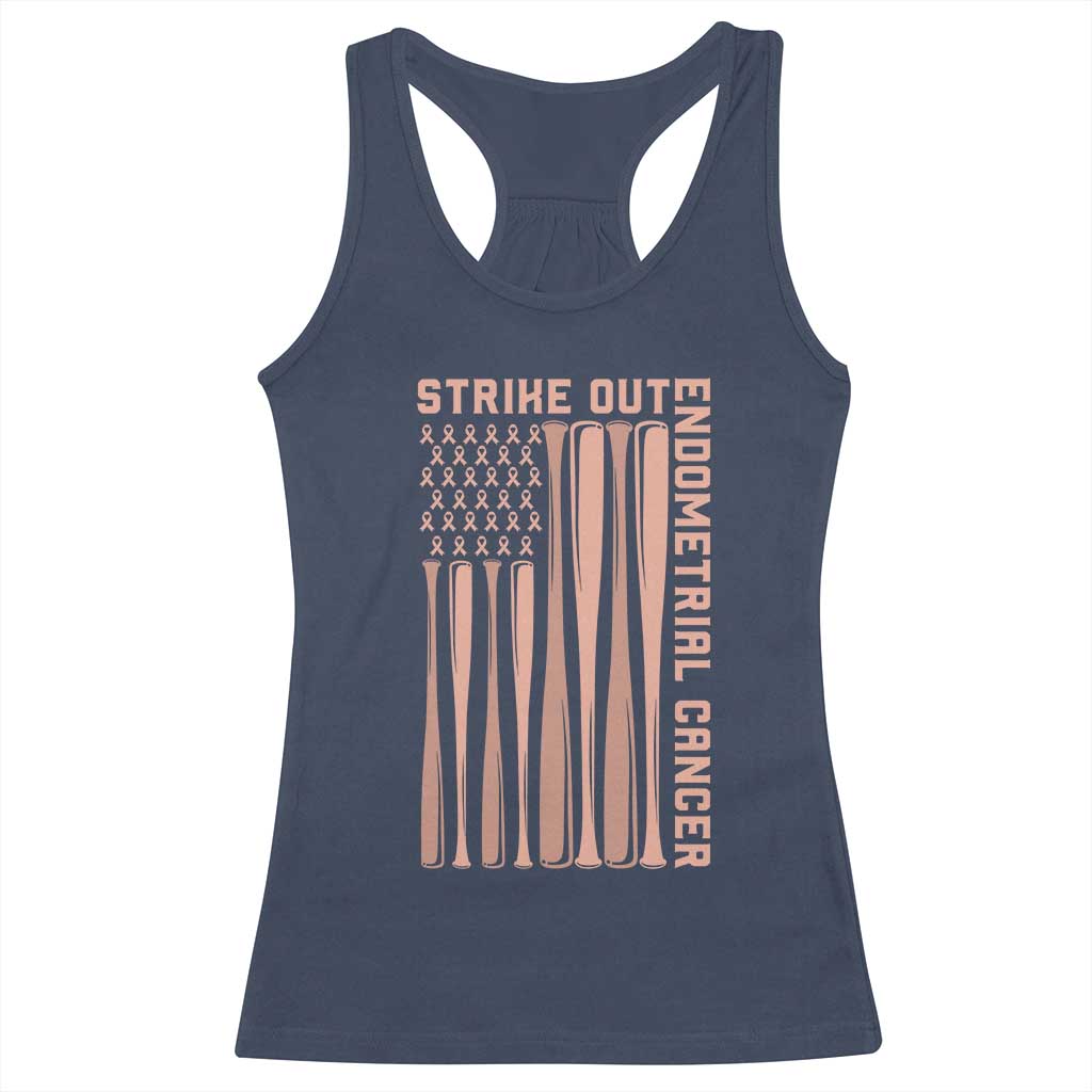 Strike Out Endometrial Cancer Baseball Racerback Tank Top Peach Ribbon American Flag Support Gift