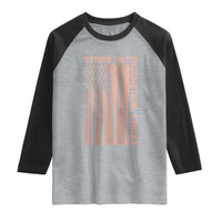 Strike Out Endometrial Cancer Baseball Raglan Shirt Peach Ribbon American Flag Support Gift