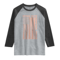Strike Out Endometrial Cancer Baseball Raglan Shirt Peach Ribbon American Flag Support Gift