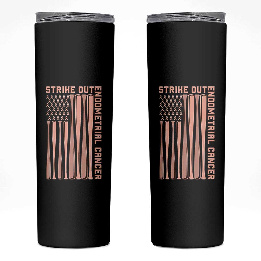 Strike Out Endometrial Cancer Baseball Skinny Tumbler Peach Ribbon American Flag Support Gift