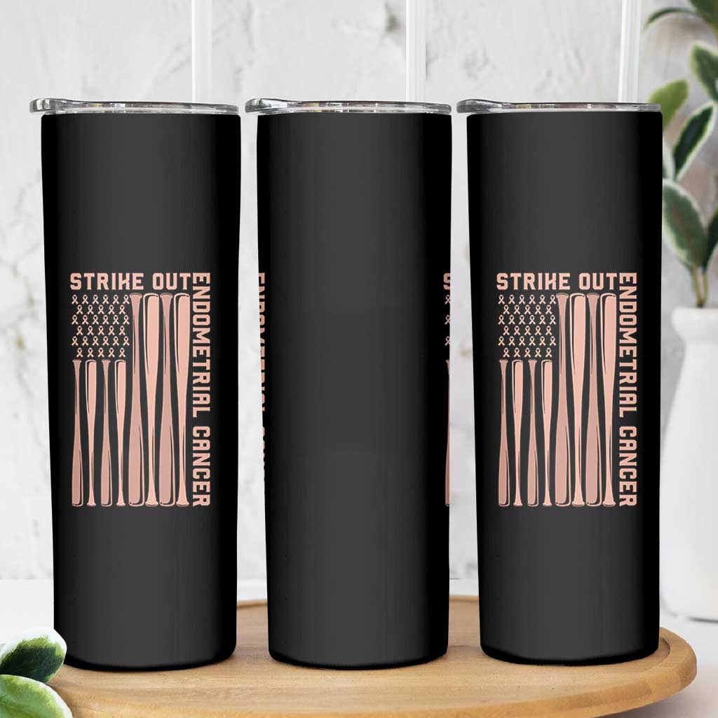 Strike Out Endometrial Cancer Baseball Skinny Tumbler Peach Ribbon American Flag Support Gift
