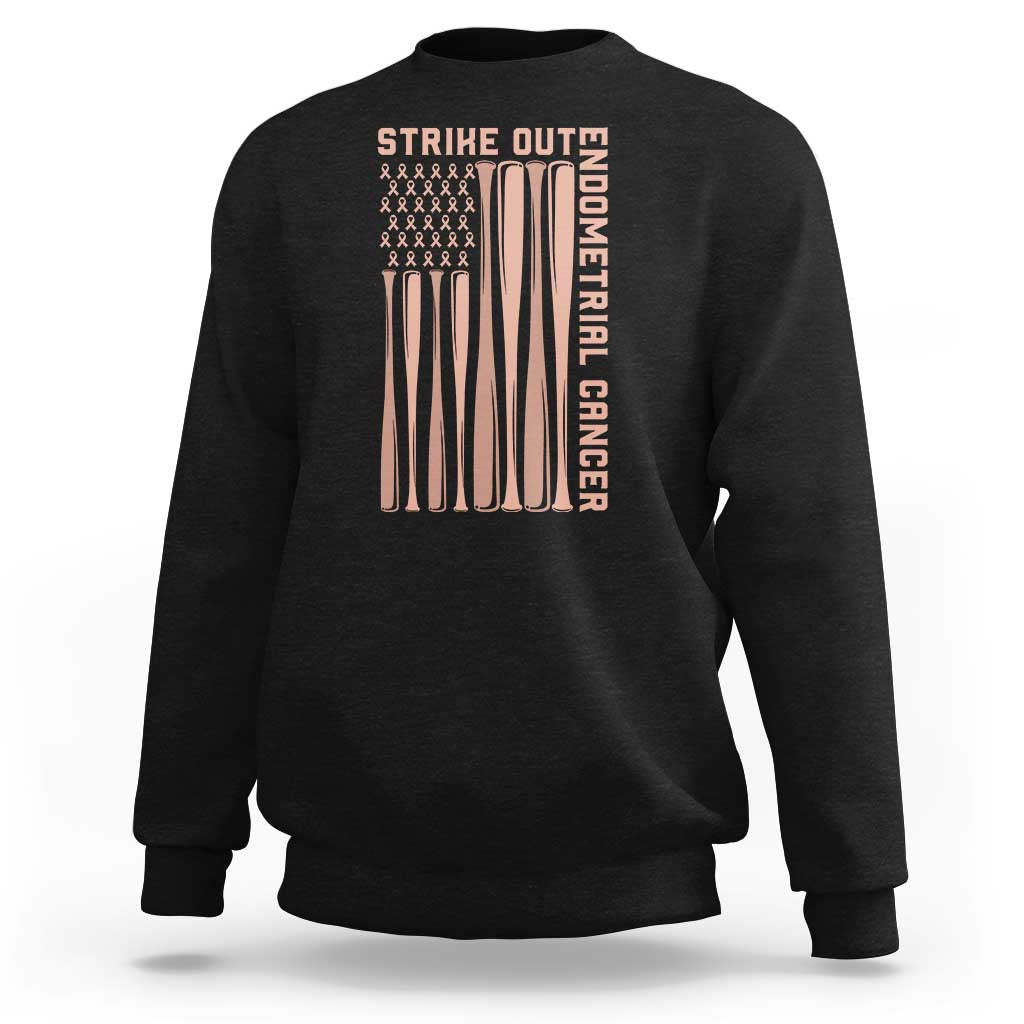 Strike Out Endometrial Cancer Baseball Sweatshirt Peach Ribbon American Flag Support Gift