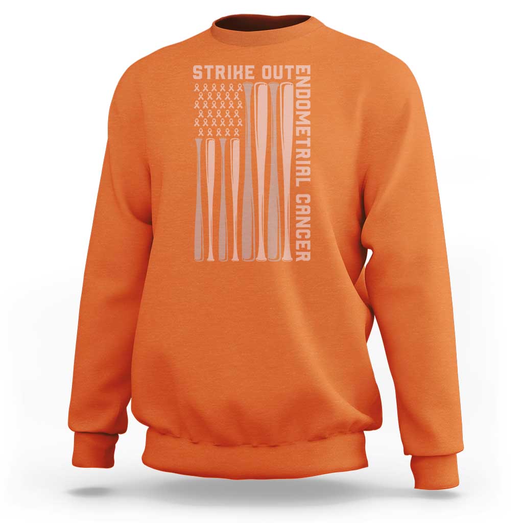 Strike Out Endometrial Cancer Baseball Sweatshirt Peach Ribbon American Flag Support Gift