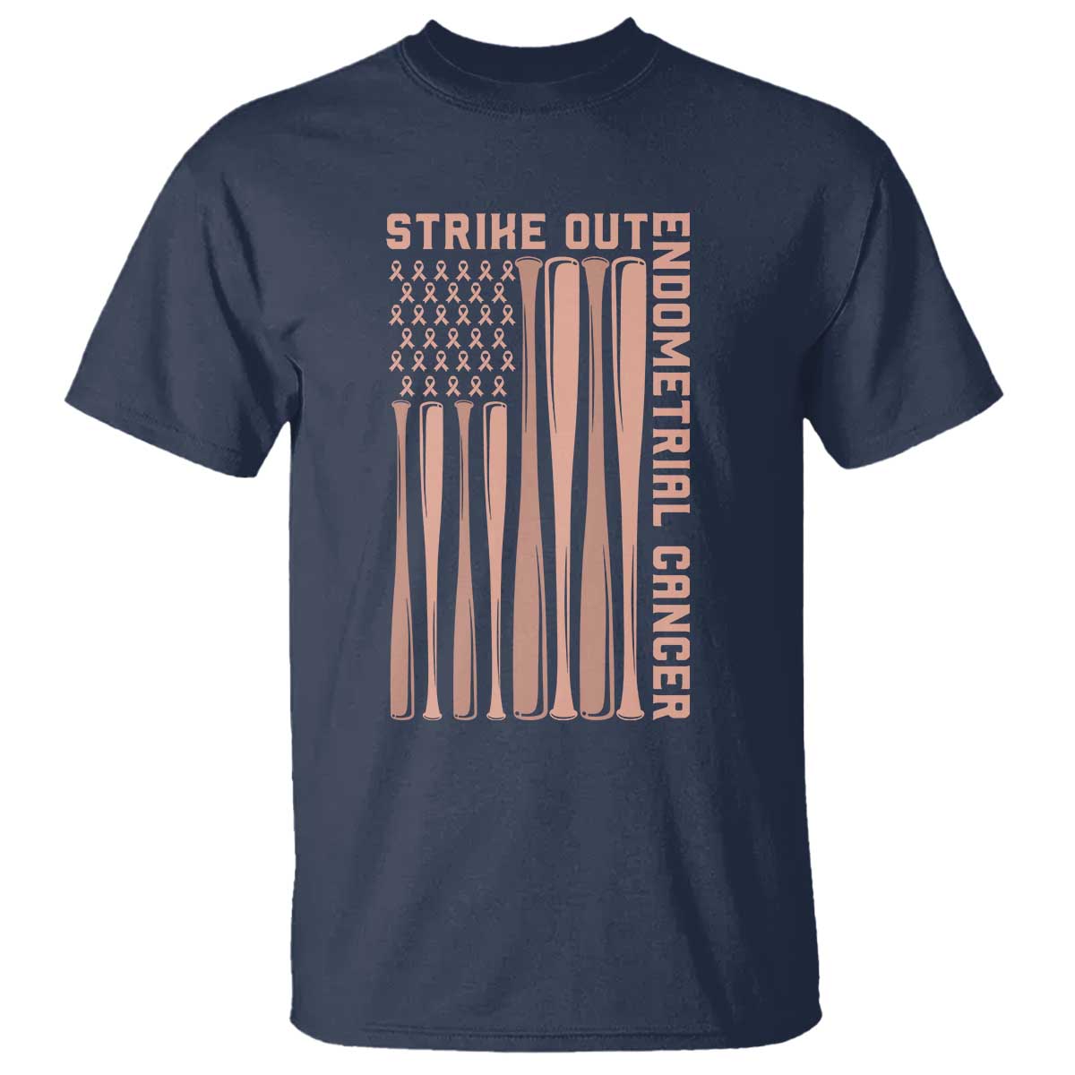 Strike Out Endometrial Cancer Baseball T Shirt Peach Ribbon American Flag Support Gift