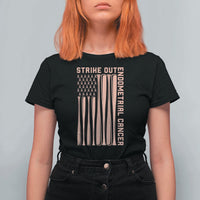 Strike Out Endometrial Cancer Baseball T Shirt For Women Peach Ribbon American Flag Support Gift