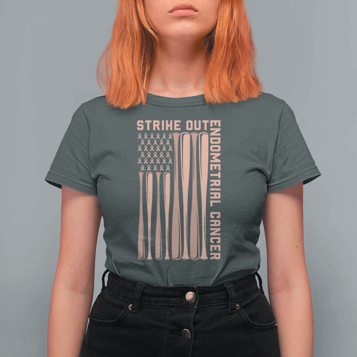 Strike Out Endometrial Cancer Baseball T Shirt For Women Peach Ribbon American Flag Support Gift