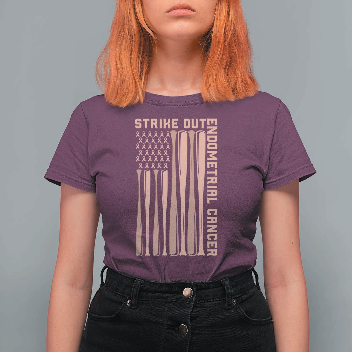 Strike Out Endometrial Cancer Baseball T Shirt For Women Peach Ribbon American Flag Support Gift