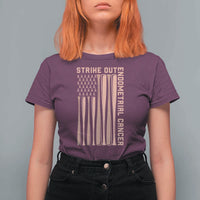 Strike Out Endometrial Cancer Baseball T Shirt For Women Peach Ribbon American Flag Support Gift