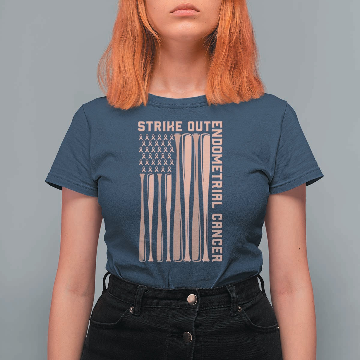 Strike Out Endometrial Cancer Baseball T Shirt For Women Peach Ribbon American Flag Support Gift