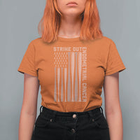 Strike Out Endometrial Cancer Baseball T Shirt For Women Peach Ribbon American Flag Support Gift