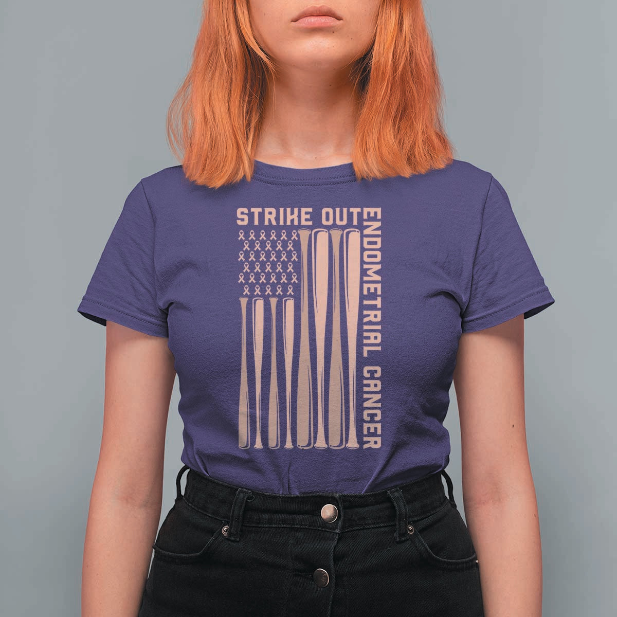 Strike Out Endometrial Cancer Baseball T Shirt For Women Peach Ribbon American Flag Support Gift