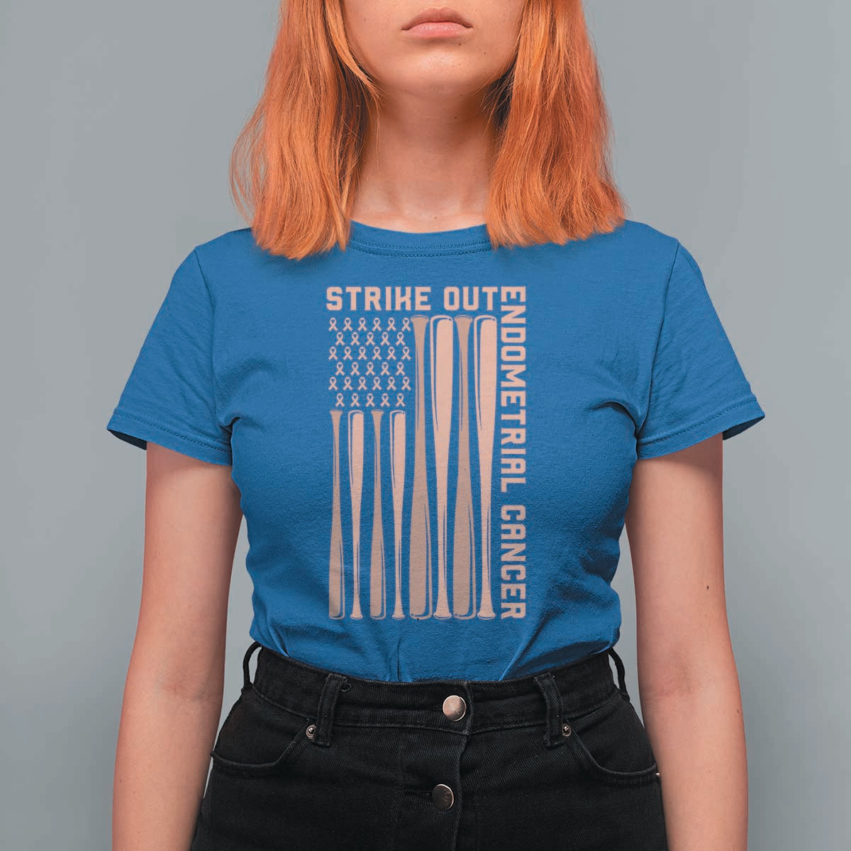 Strike Out Endometrial Cancer Baseball T Shirt For Women Peach Ribbon American Flag Support Gift