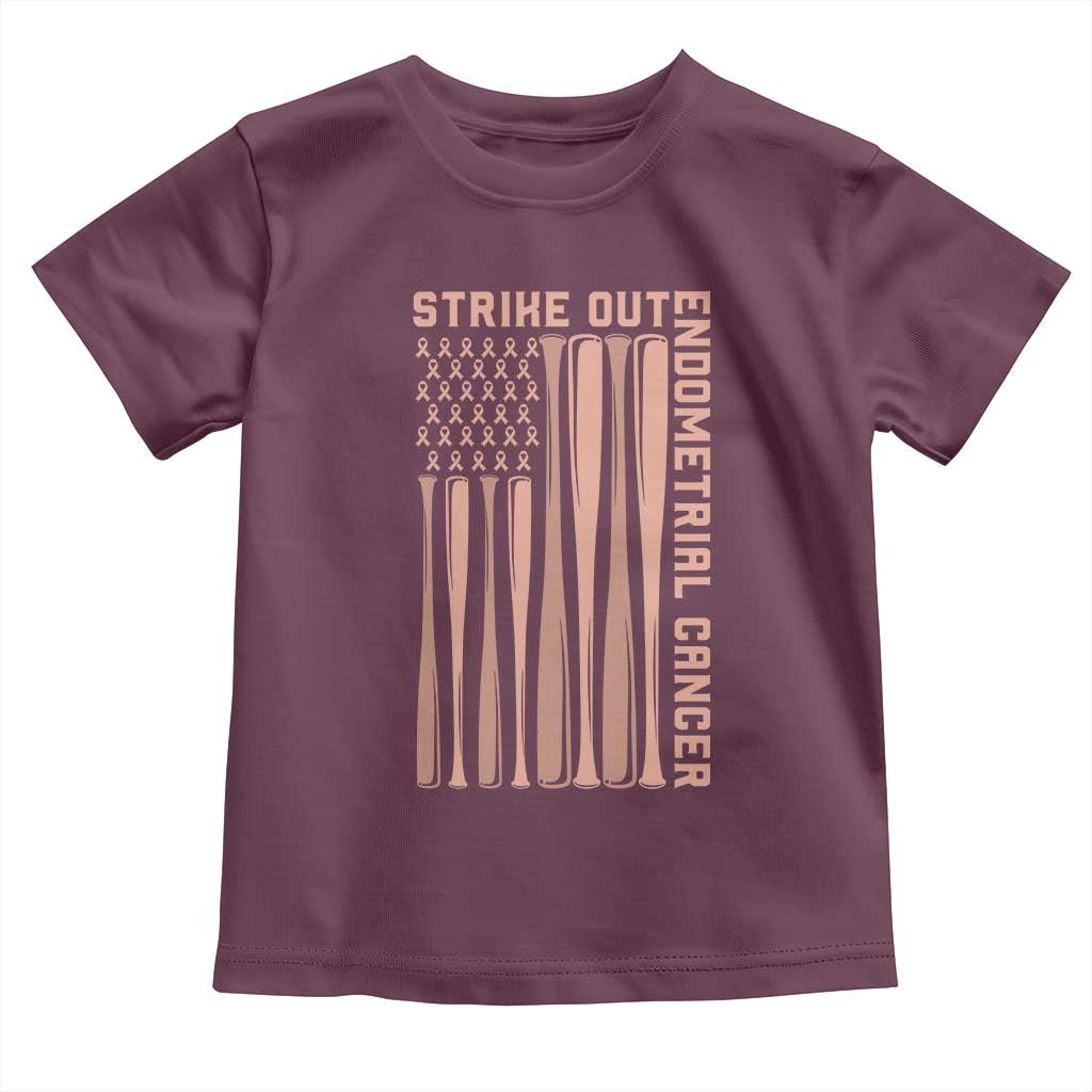 Strike Out Endometrial Cancer Baseball Toddler T Shirt Peach Ribbon American Flag Support Gift