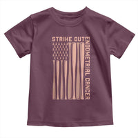 Strike Out Endometrial Cancer Baseball Toddler T Shirt Peach Ribbon American Flag Support Gift