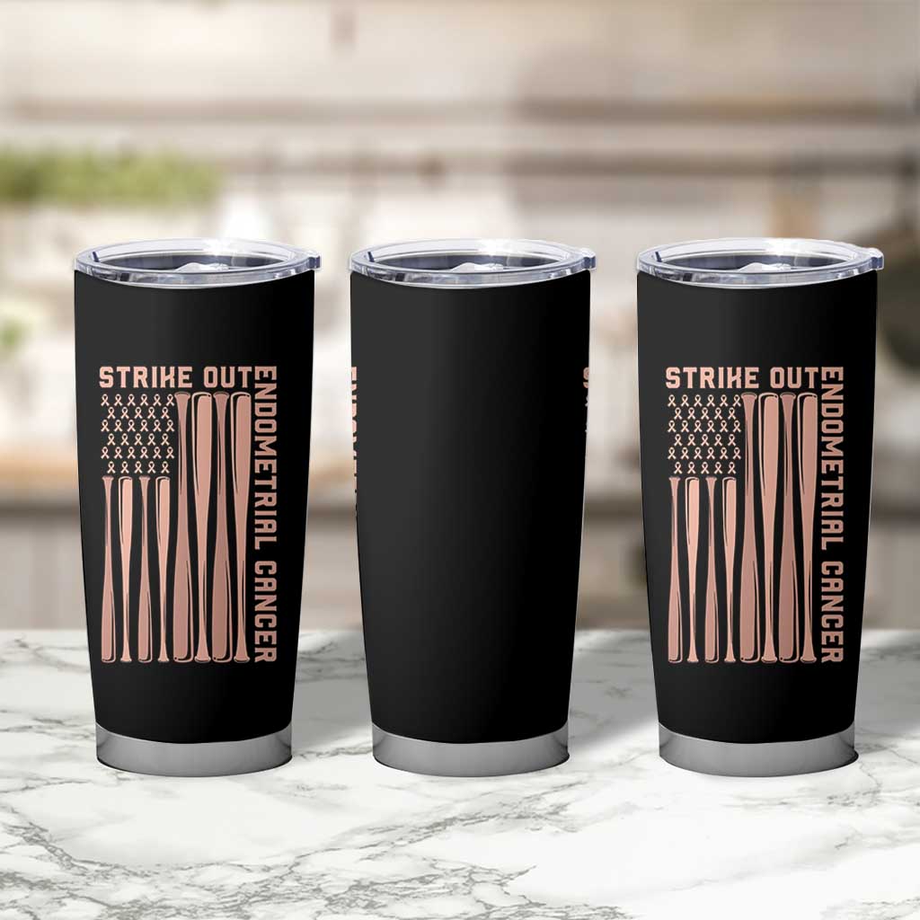 Strike Out Endometrial Cancer Baseball Tumbler Cup Peach Ribbon American Flag Support Gift