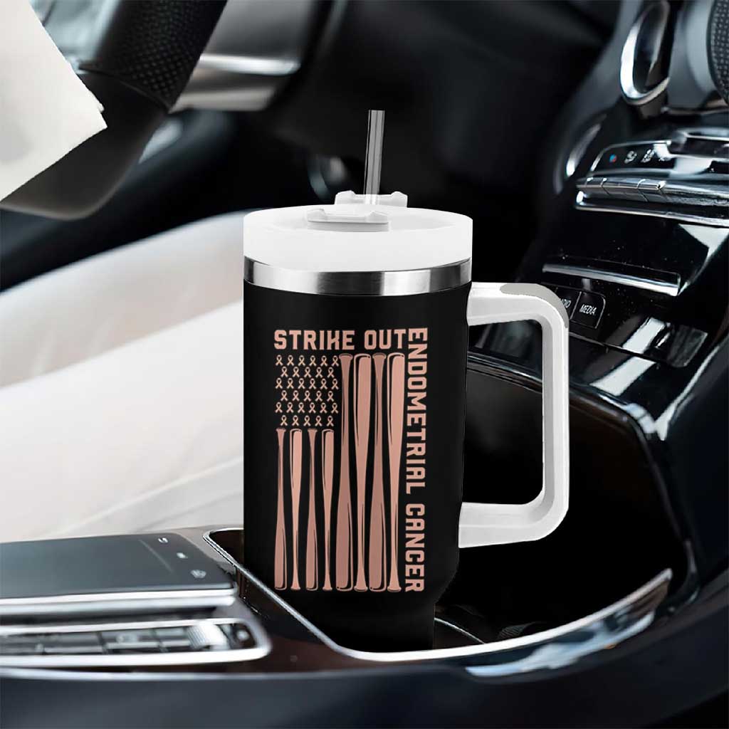 Strike Out Endometrial Cancer Baseball Tumbler With Handle Peach Ribbon American Flag Support Gift