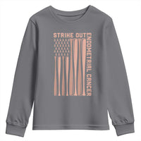 Strike Out Endometrial Cancer Baseball Youth Sweatshirt Peach Ribbon American Flag Support Gift