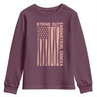 Strike Out Endometrial Cancer Baseball Youth Sweatshirt Peach Ribbon American Flag Support Gift