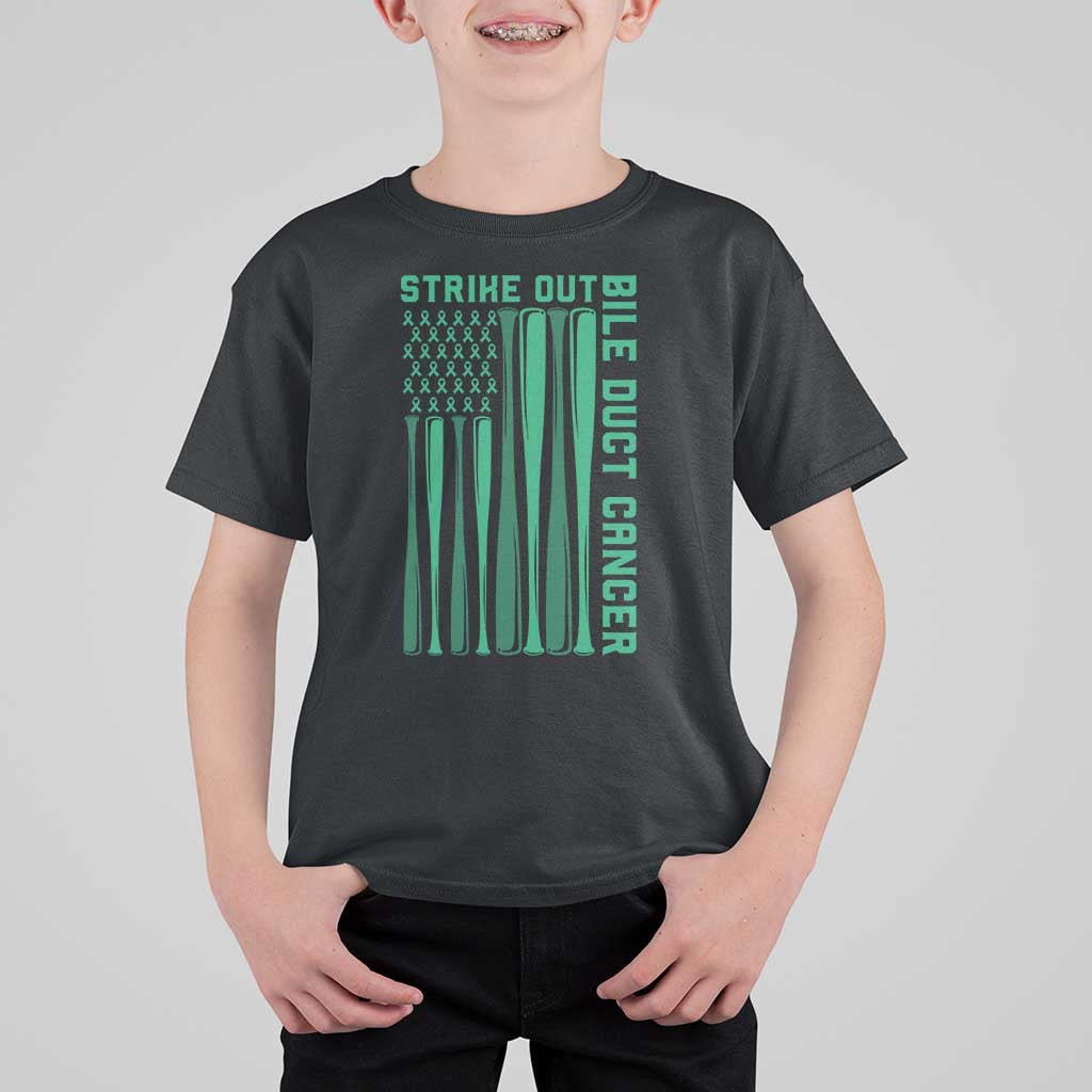 Strike Out Bile Duct Cancer T Shirt For Kid Baseball American Flag Hope Gift