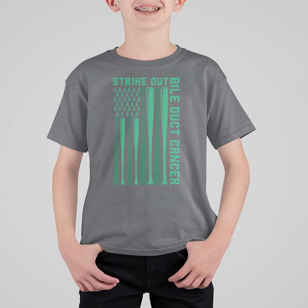 Strike Out Bile Duct Cancer T Shirt For Kid Baseball American Flag Hope Gift