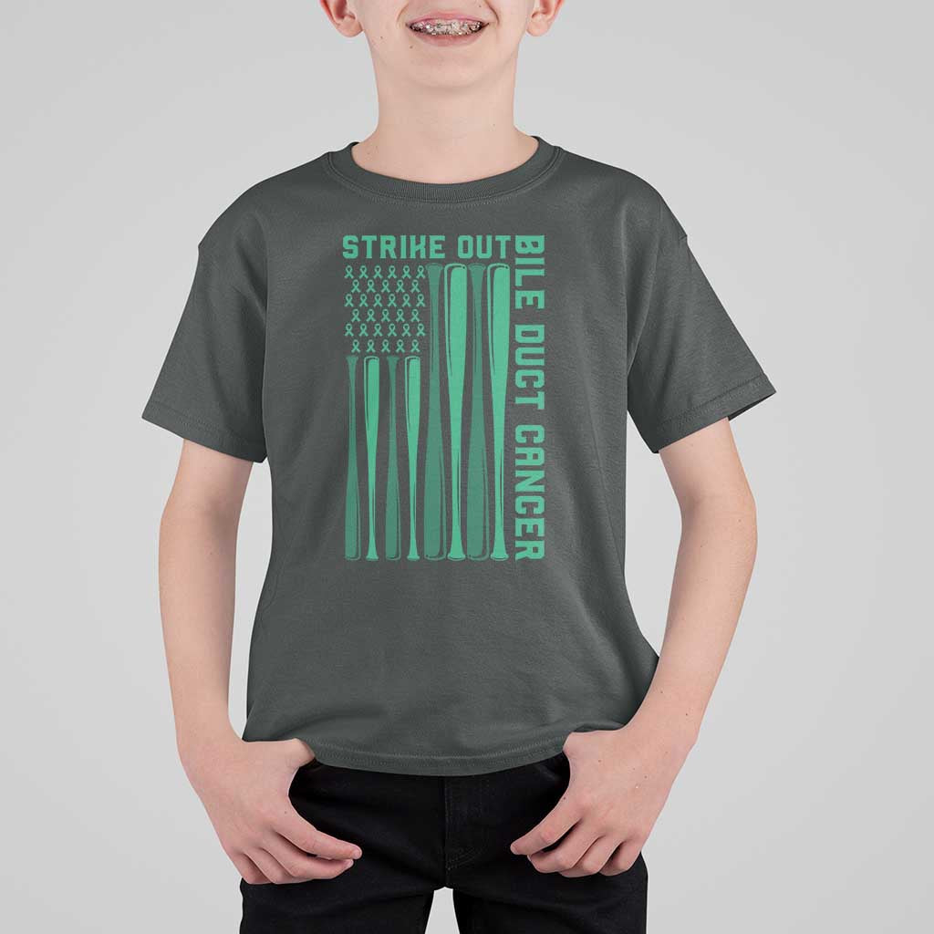 Strike Out Bile Duct Cancer T Shirt For Kid Baseball American Flag Hope Gift