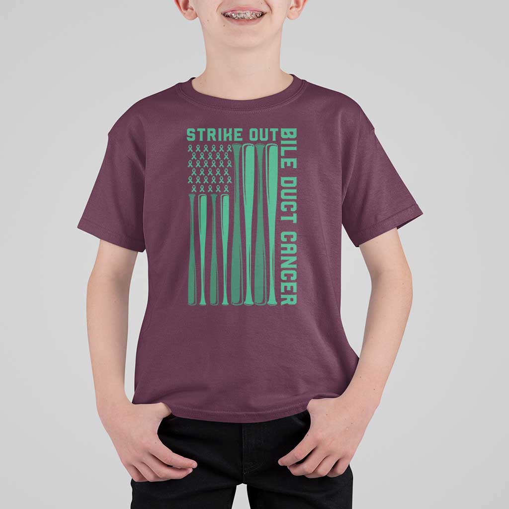 Strike Out Bile Duct Cancer T Shirt For Kid Baseball American Flag Hope Gift