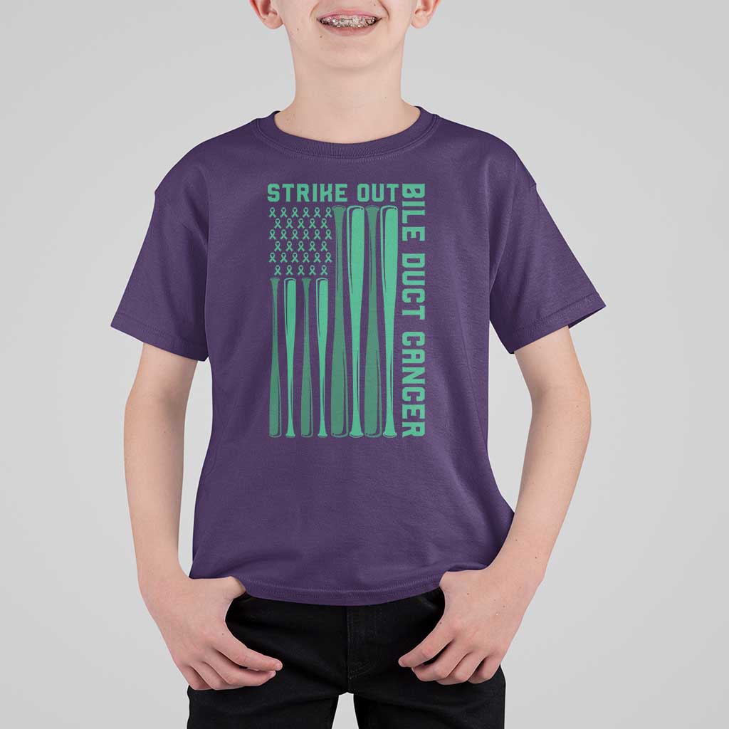 Strike Out Bile Duct Cancer T Shirt For Kid Baseball American Flag Hope Gift