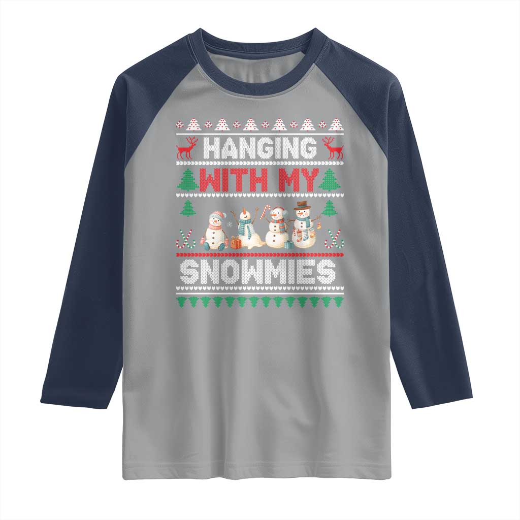 Christmas Snowman Raglan Shirt Hanging With My Snowmies Merry Xmas - Wonder Print Shop