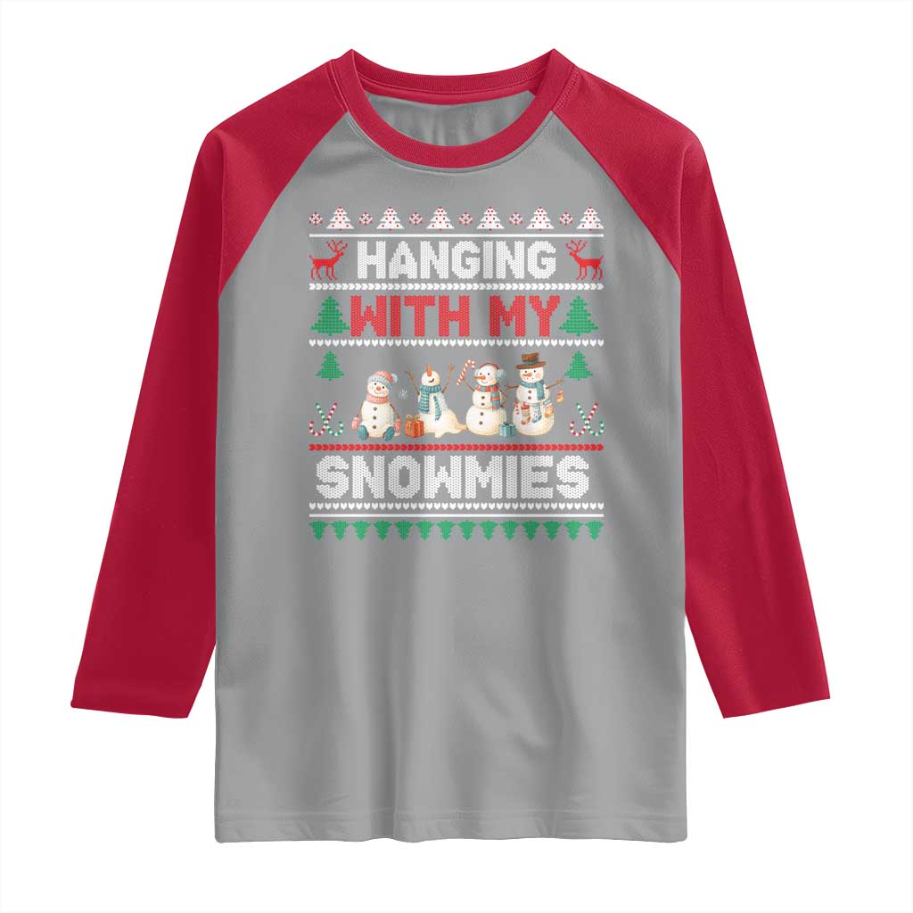 Christmas Snowman Raglan Shirt Hanging With My Snowmies Merry Xmas - Wonder Print Shop