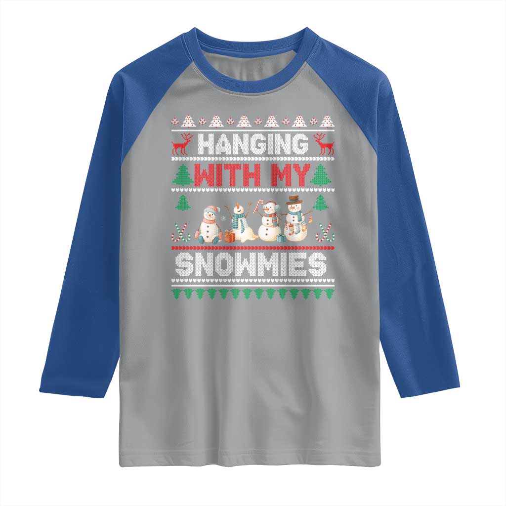 Christmas Snowman Raglan Shirt Hanging With My Snowmies Merry Xmas - Wonder Print Shop