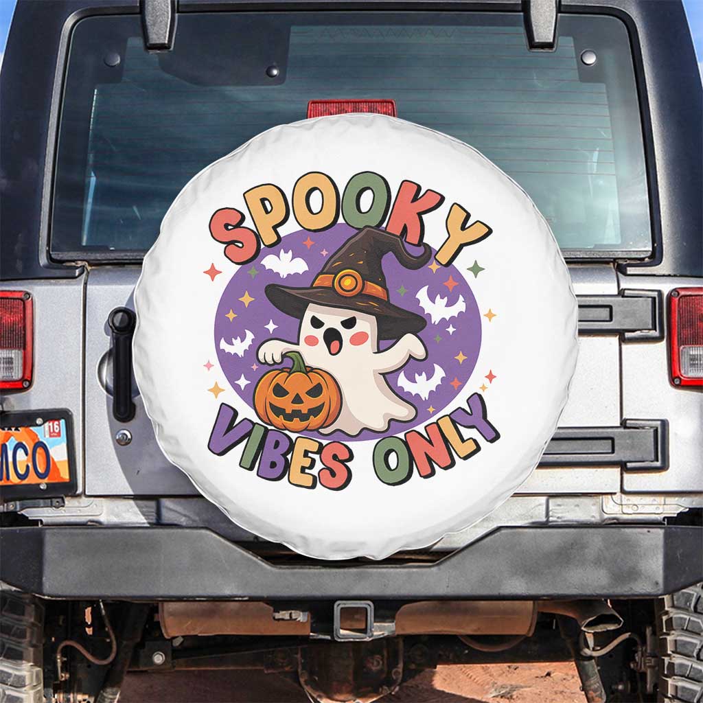 Cute Halloween Ghost Spare Tire Cover Spooky Vibes Only With Pumpkin - Wonder Print Shop