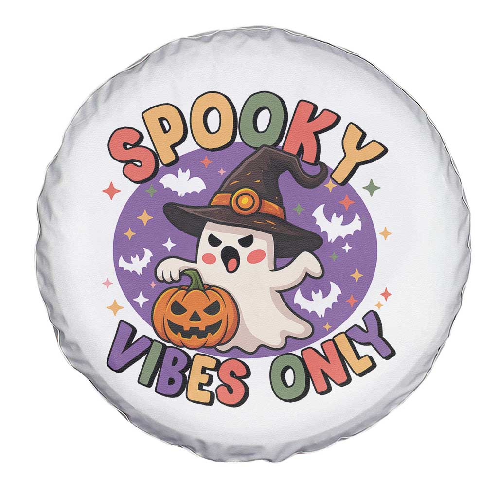 Cute Halloween Ghost Spare Tire Cover Spooky Vibes Only With Pumpkin - Wonder Print Shop