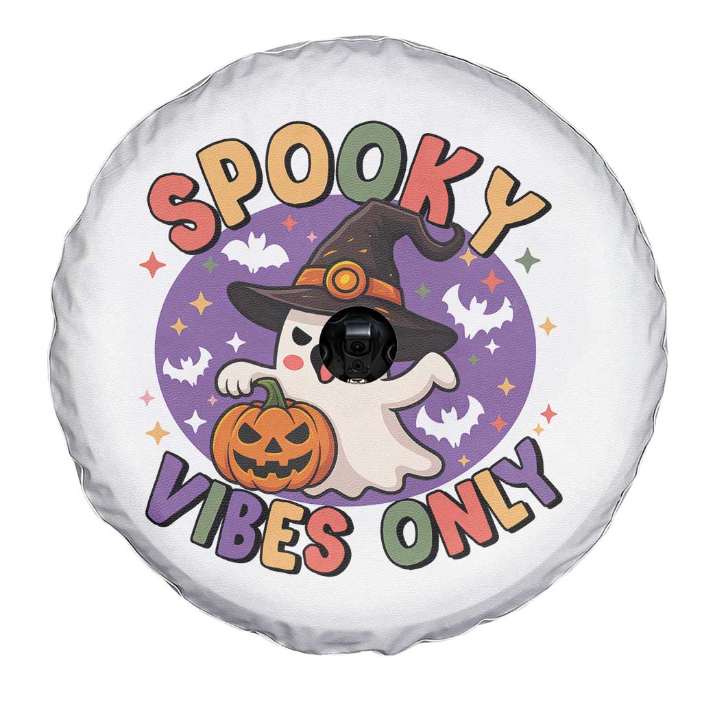 Cute Halloween Ghost Spare Tire Cover Spooky Vibes Only With Pumpkin - Wonder Print Shop