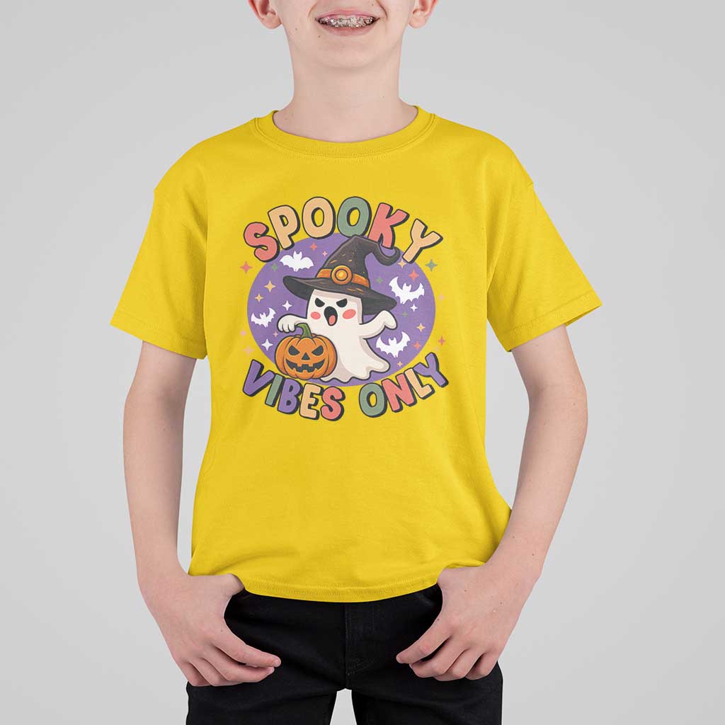 Cute Halloween Ghost T Shirt For Kid Spooky Vibes Only With Pumpkin - Wonder Print Shop