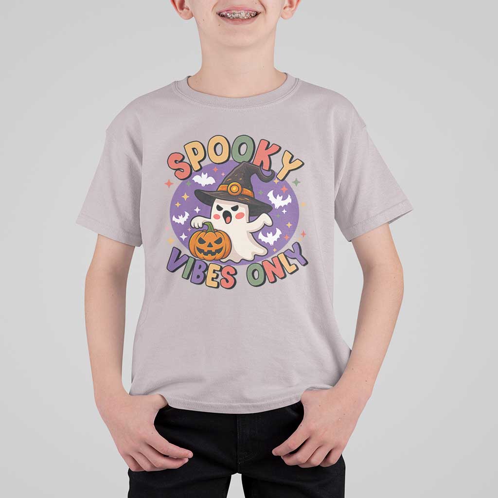 Cute Halloween Ghost T Shirt For Kid Spooky Vibes Only With Pumpkin - Wonder Print Shop