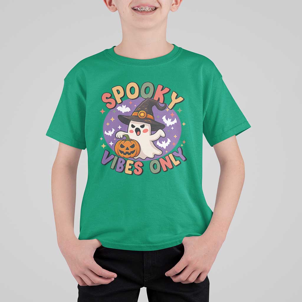Cute Halloween Ghost T Shirt For Kid Spooky Vibes Only With Pumpkin - Wonder Print Shop
