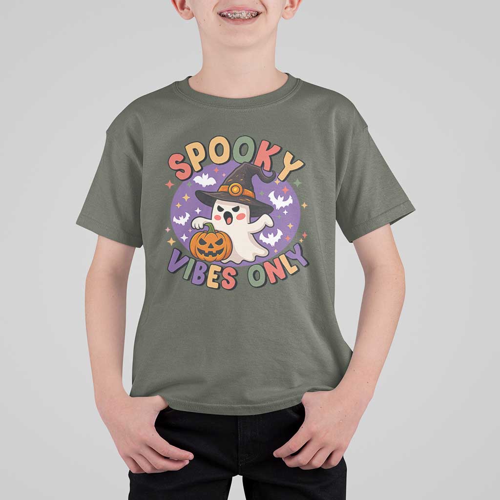 Cute Halloween Ghost T Shirt For Kid Spooky Vibes Only With Pumpkin - Wonder Print Shop