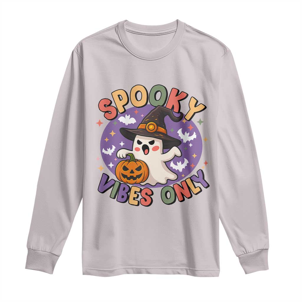 Cute Halloween Ghost Long Sleeve Shirt Spooky Vibes Only With Pumpkin - Wonder Print Shop