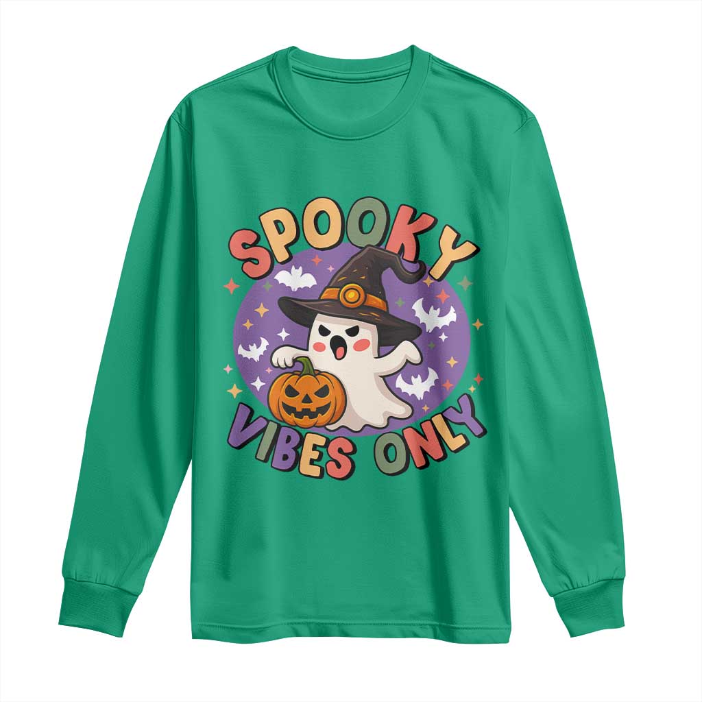 Cute Halloween Ghost Long Sleeve Shirt Spooky Vibes Only With Pumpkin - Wonder Print Shop
