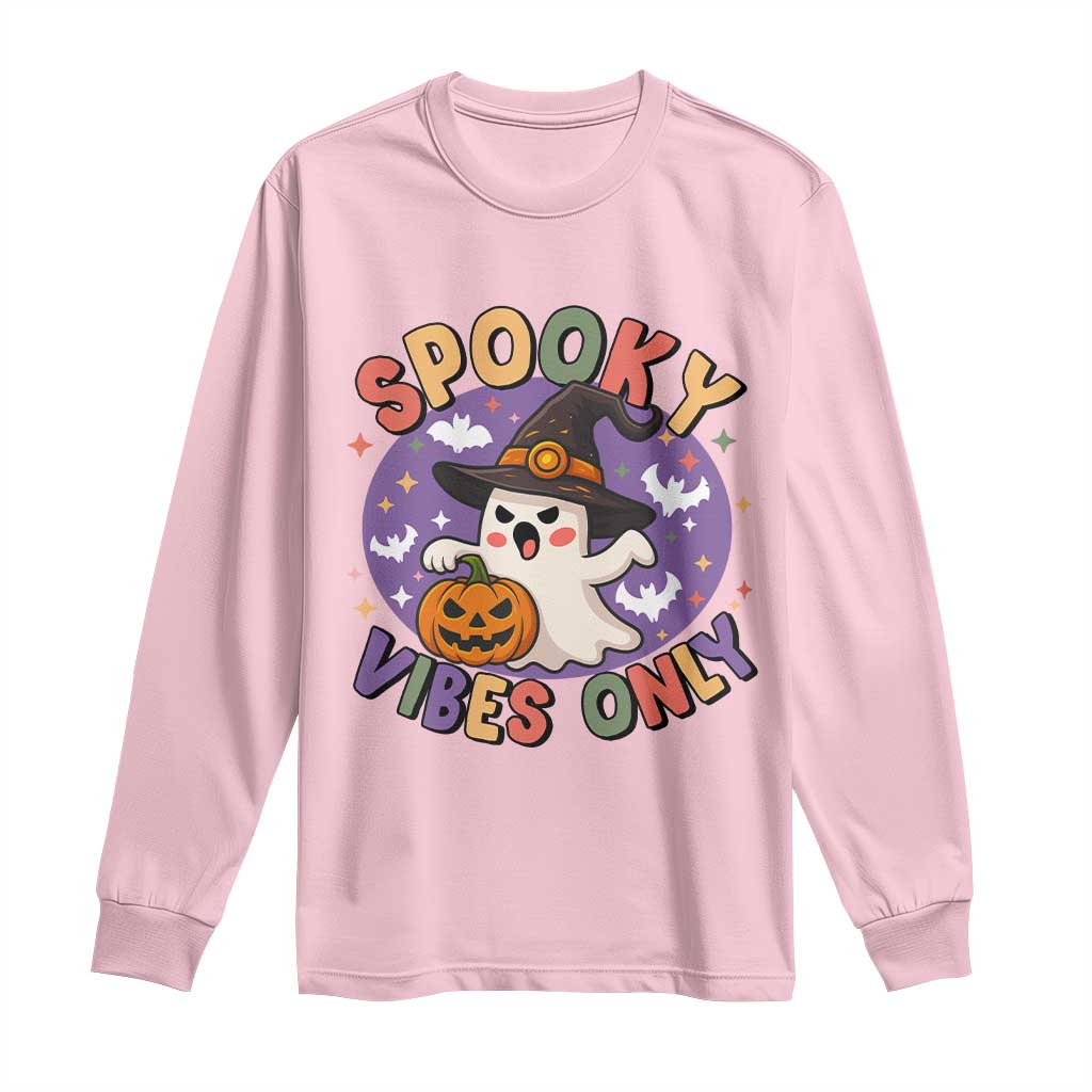Cute Halloween Ghost Long Sleeve Shirt Spooky Vibes Only With Pumpkin - Wonder Print Shop