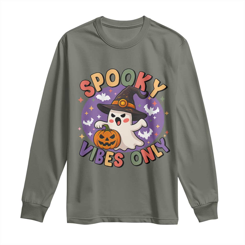 Cute Halloween Ghost Long Sleeve Shirt Spooky Vibes Only With Pumpkin - Wonder Print Shop