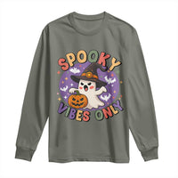 Cute Halloween Ghost Long Sleeve Shirt Spooky Vibes Only With Pumpkin - Wonder Print Shop