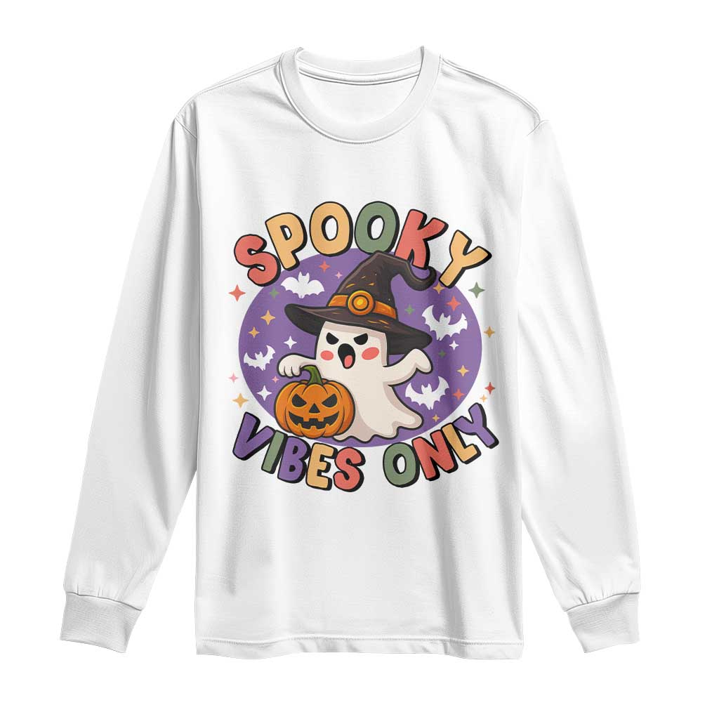 Cute Halloween Ghost Long Sleeve Shirt Spooky Vibes Only With Pumpkin - Wonder Print Shop