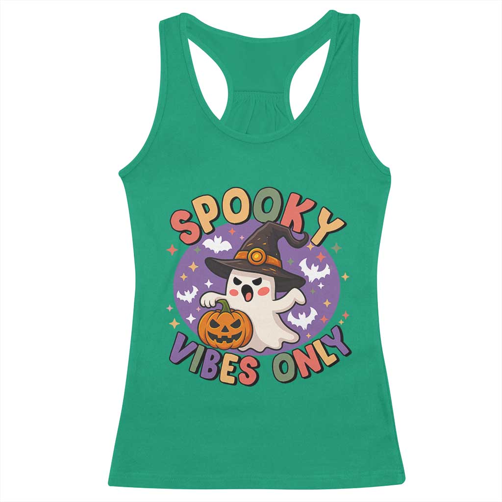 Cute Halloween Ghost Racerback Tank Top Spooky Vibes Only With Pumpkin - Wonder Print Shop