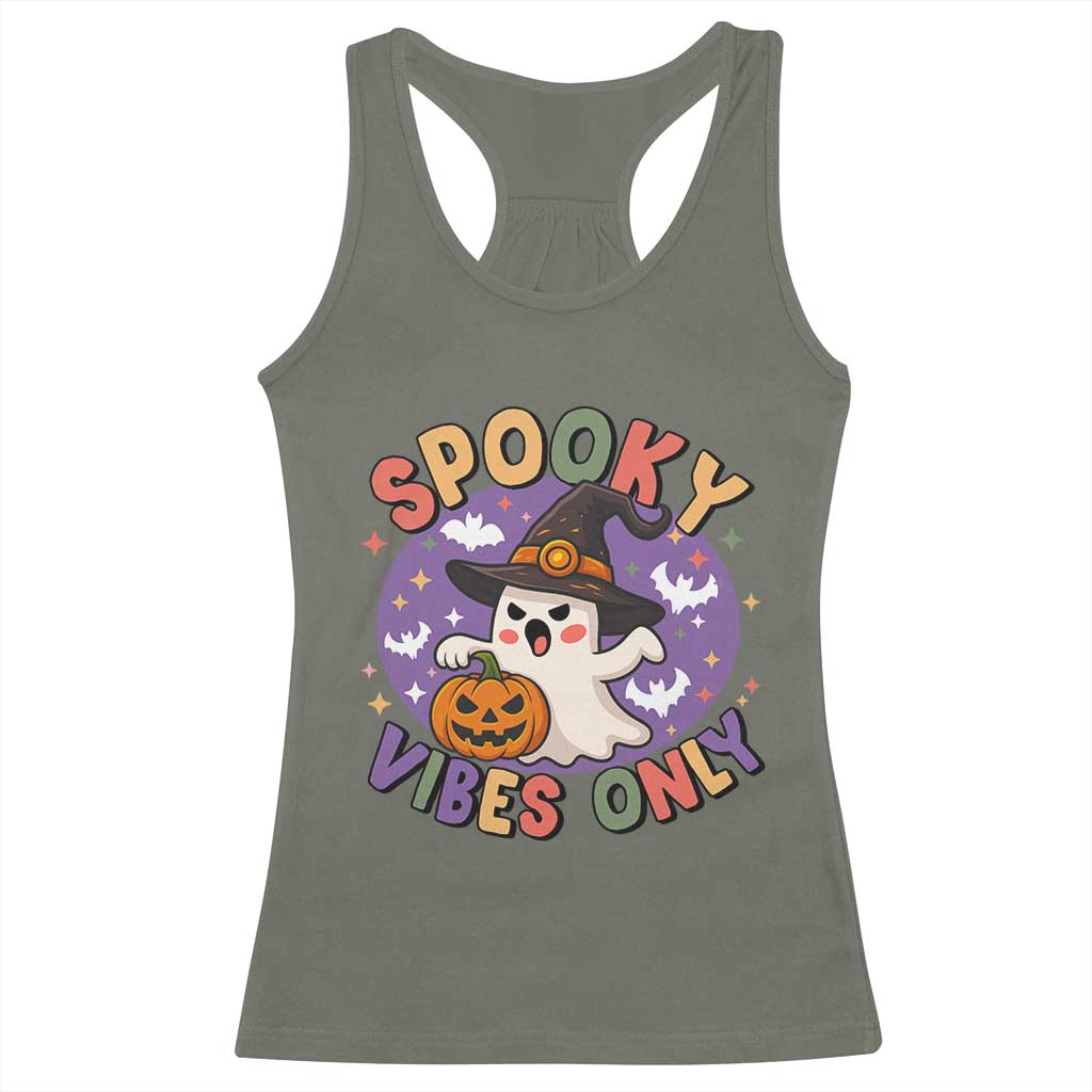 Cute Halloween Ghost Racerback Tank Top Spooky Vibes Only With Pumpkin - Wonder Print Shop