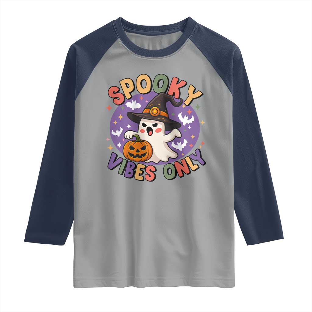 Cute Halloween Ghost Raglan Shirt Spooky Vibes Only With Pumpkin - Wonder Print Shop